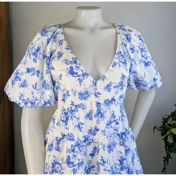 Entro Babydoll Minidress Medium White Blue Floral Ruffle Puff Sleeve Cottagecore - Picture 3 of 11